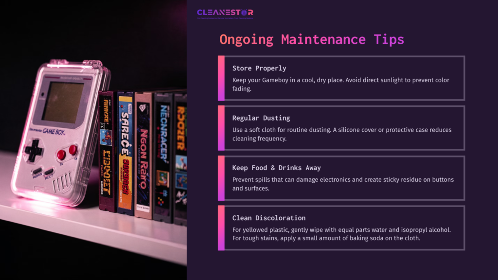 Gameboy On A Shelf Next To Colorful Game Cartridges, With Text Outlining Maintenance Tips In A Dark, Stylish Layout.