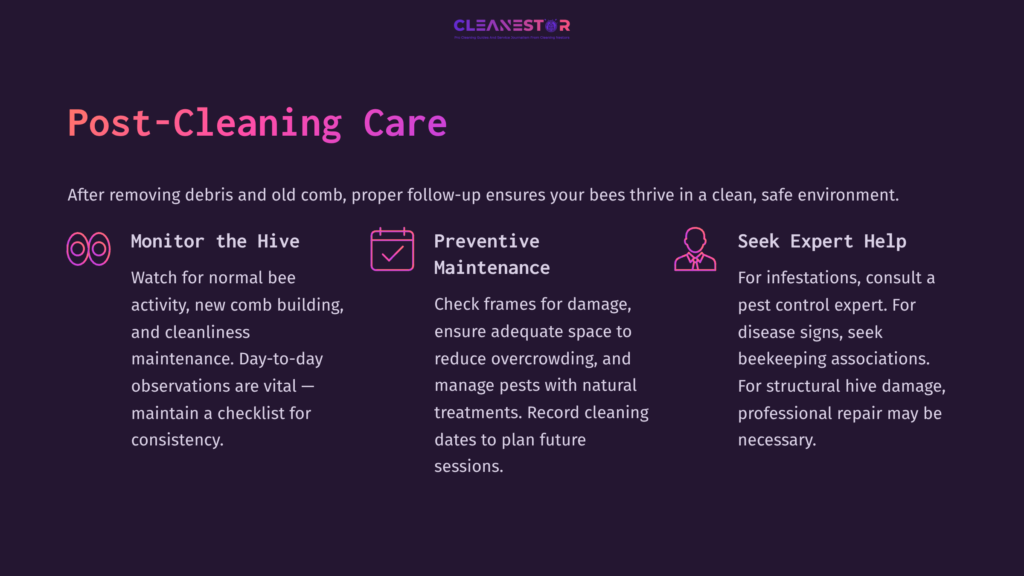 Text On A Dark Background Outlines Post-Cleaning Care For Beehives, Emphasizing Monitoring, Maintenance, And Seeking Help.