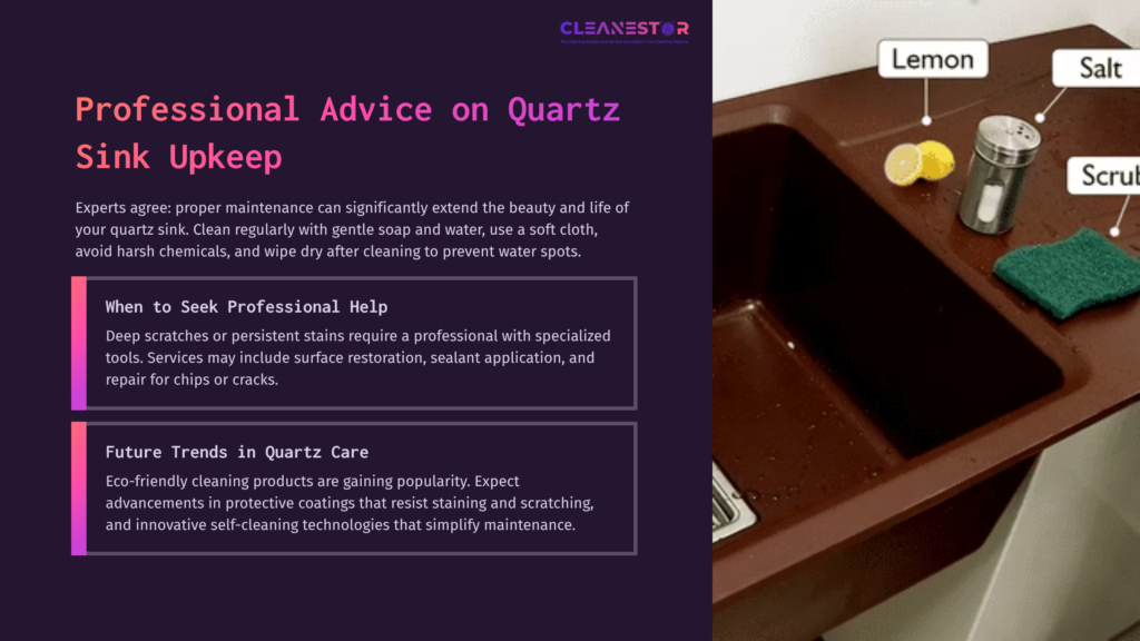 Brown Quartz Sink With Water Droplets; A Lemon And Cleaning Supplies Are On The Counter, Highlighting Cleaning Tips For Quartz Care.