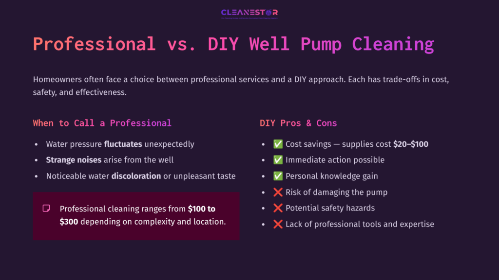 A Comparison Chart Discussing Professional Vs. Diy Well Pump Cleaning, Featuring Purple And White Text, Bullet Points, And Icons For Pros And Cons.