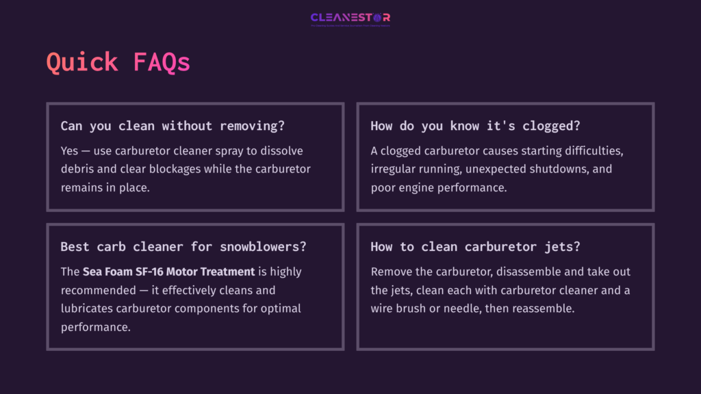 10 Quick Faqs Four Faqs In White Text On A Dark Purple Background, Detailing Snowblower Carburetor Cleaning, Troubleshooting, And Maintenance Tips.
