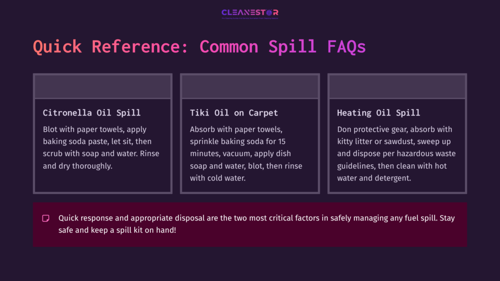 Text-Based Infographic With Purple Background Detailing Common Spill Faqs: Citronella Oil, Tiki Oil On Carpet, And Heating Oil Cleanup Methods.