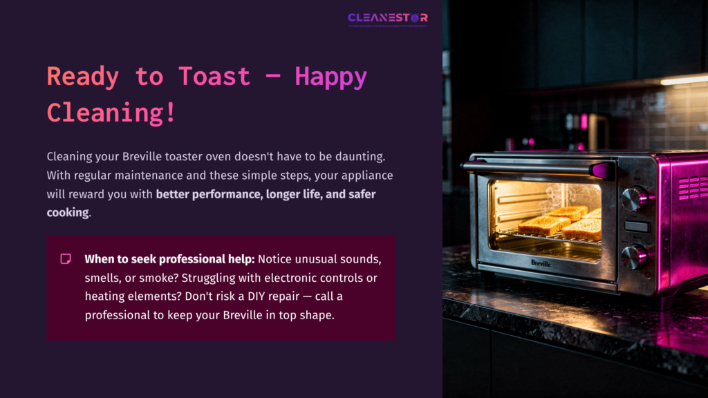 Breville Toaster Oven With Glowing Interior, Set Against A Dark Purple Background, Highlighting Cleaning Tips And Maintenance Advice.