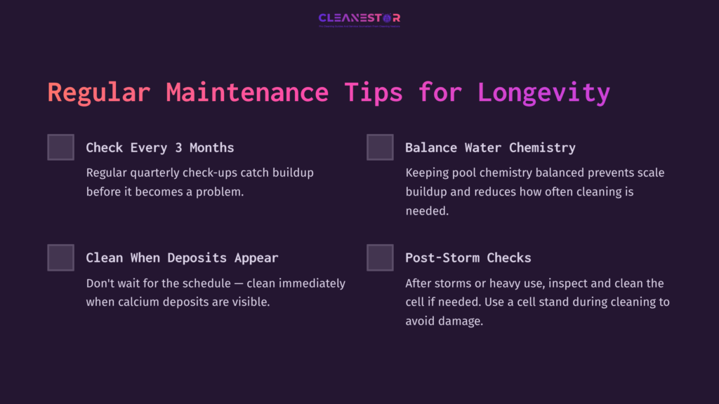 Text On A Dark Purple Background Includes Maintenance Tips For Salt-Water Chlorinator Cells, With Highlighted Checkboxes For Tasks.