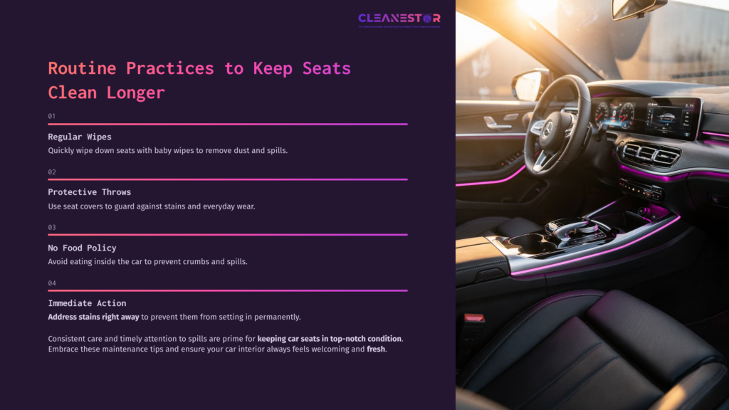 Infographic With A Purple Sidebar Listing Tips For Cleaning Car Seats, Alongside A Photo Of A Car Interior Featuring Leather Seats And Console.