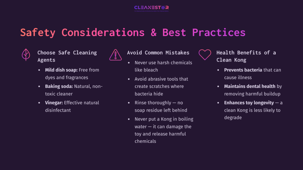 10 Safety Considerations And Best Practices Text Layout In Purple And White Outlines Safety Considerations For Cleaning A Kong, Highlighting Best Practices And Health Benefits.