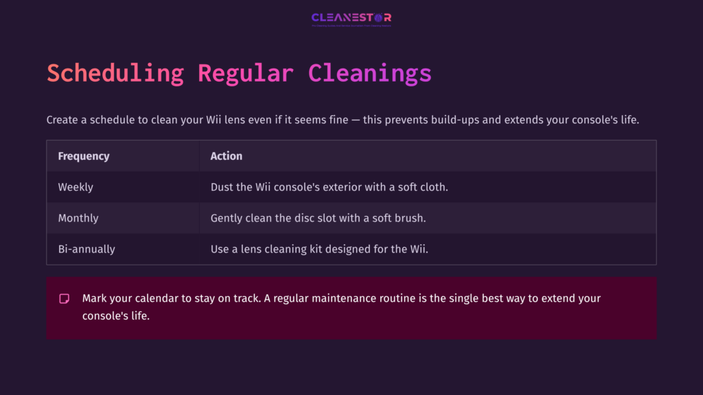 Text On A Dark Purple Background Outlines Cleaning Instructions For A Wii Lens, Featuring Headings, Bullet Points, And A Calendar Reminder.