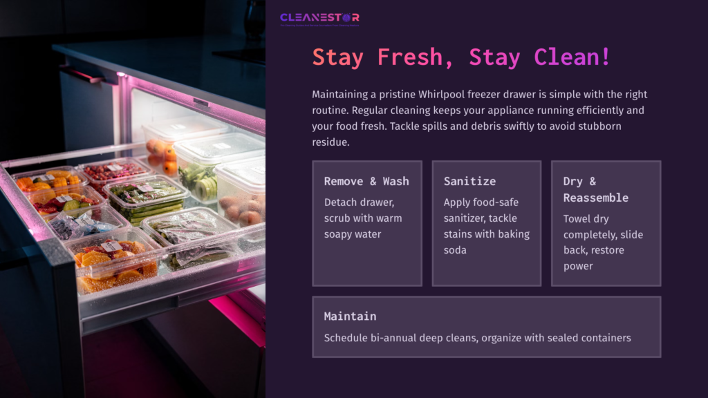 10 Stay Fresh Stay Clean 1 Whirlpool Freezer Drawer Filled With Organized Containers; Text Instructions On Cleaning And Maintenance Alongside Vibrant Colors.