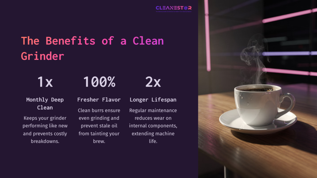10 The Benefits Of A Clean Grinder 1 Graphic Displaying Text About The Benefits Of A Clean Grinder, With A Steaming Coffee Cup On A Wooden Table And A Dark Background.