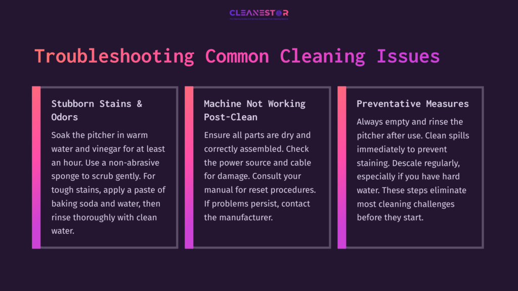 Graphic With Three Sections: Troubleshooting Cleaning Issues, Featuring Colorful Boxes With White Text, Tips On Stubborn Stains, Machine Not Working, And Preventive Measures.