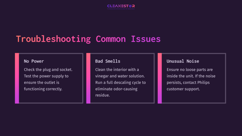 Three Troubleshooting Tips On A Purple Background: &Quot;No Power,&Quot; &Quot;Bad Smells,&Quot; And &Quot;Unusual Noise,&Quot; Each In A Separate Pink Box With Clear Instructions.