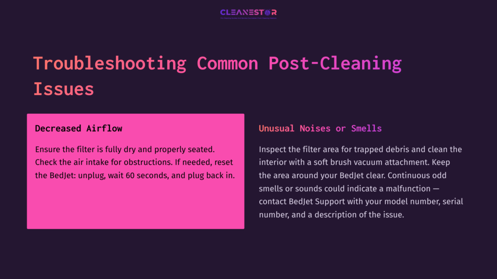 Text On A Dark Purple Background Outlining Troubleshooting Tips For Bedjet Filters, With A Pink Highlighted Box For &Quot;Decreased Airflow.&Quot;