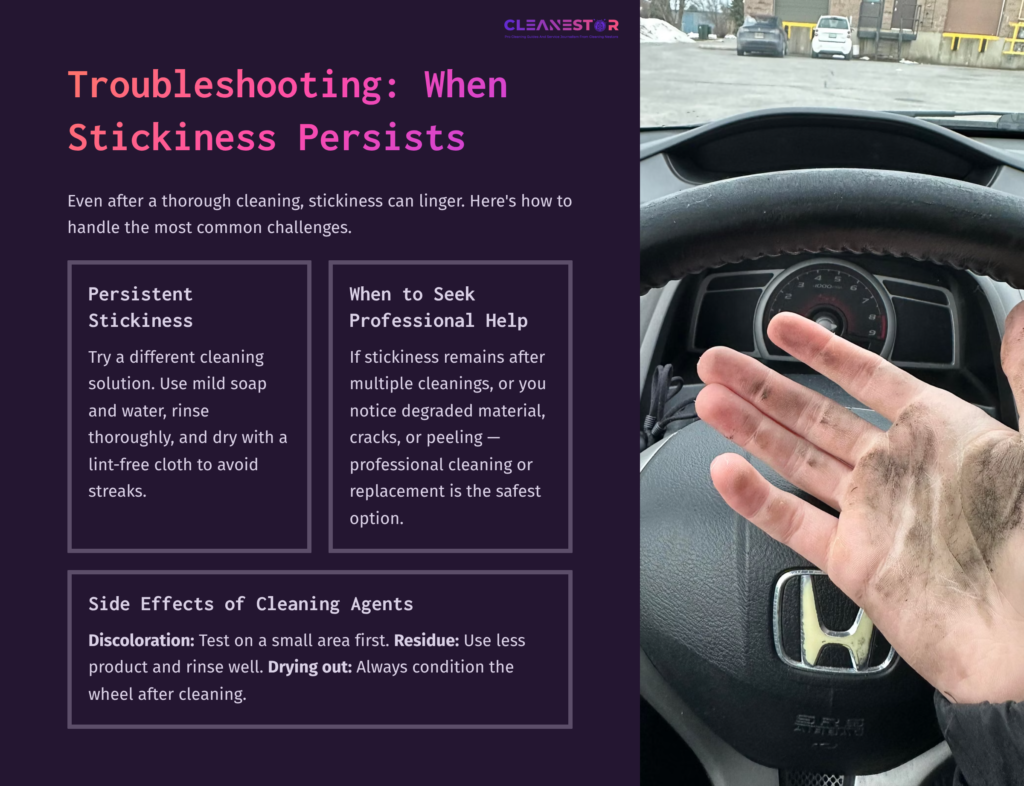 A Hand Showing Dirt On A Steering Wheel, With Cleaning Tips Listed On The Left Side In A Clean Layout. Background Reveals A Vehicle Interior.