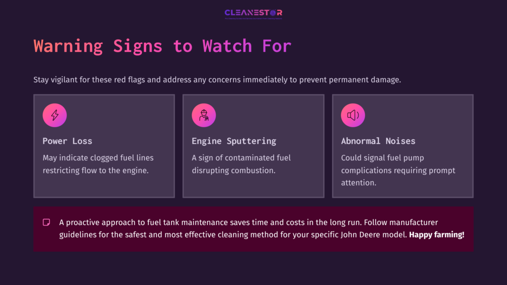 10 Warning Signs To Watch For Quadrant Layout With Red Warning Signs: &Quot;Power Loss,&Quot; &Quot;Engine Sputtering,&Quot; And &Quot;Abnormal Noises,&Quot; On A Dark Background, Highlighting Fuel Tank Maintenance.