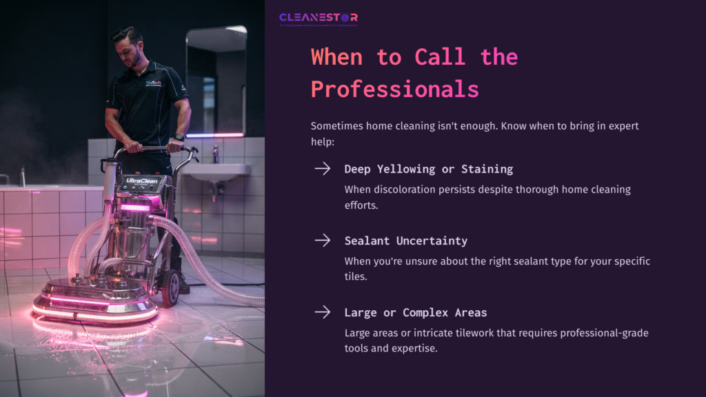 10 When To Call The Professionals A Person Using A Tile Cleaning Machine In A Brightly Lit Tiled Space, With Purple Accents And Steam Rising From The Tiles.