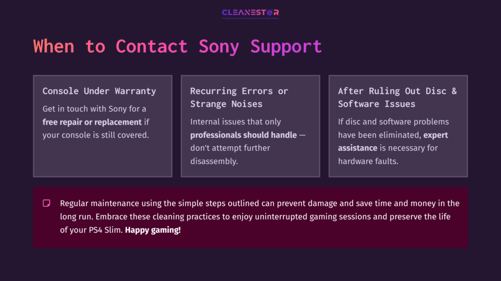 Three Boxes Detailing Tips For Contacting Sony Support. Text Highlights Warranty, Recurring Issues, And Post-Repair Assistance. Purple And White Colors.