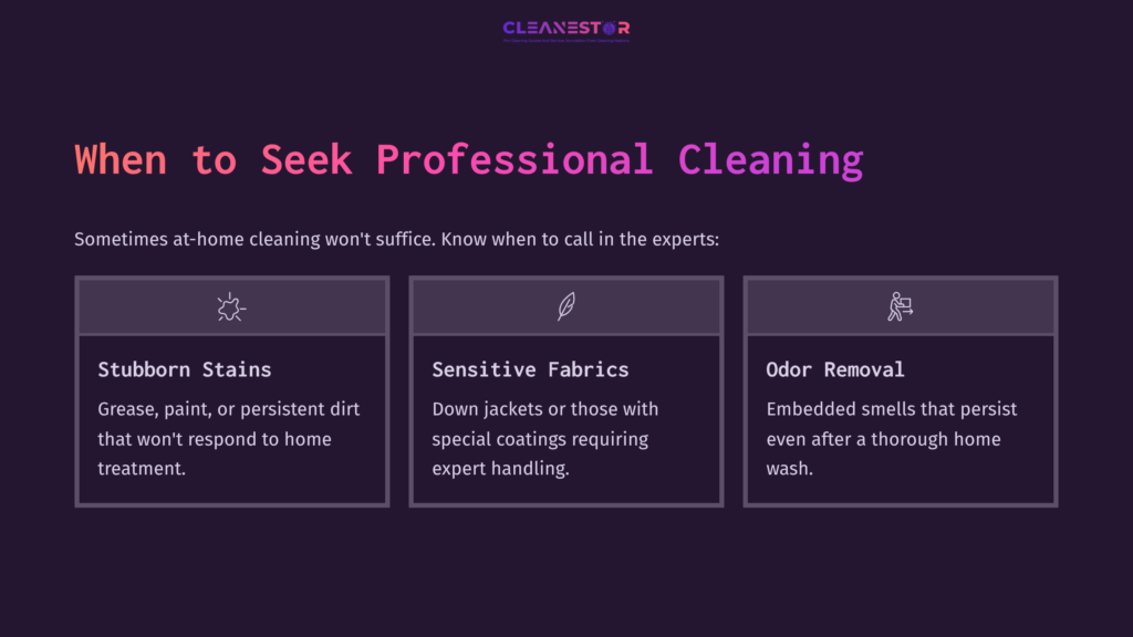 Three Rectangular Sections Highlight Reasons To Seek Professional Cleaning For Jackets: Stubborn Stains, Sensitive Fabrics, And Odor Removal.