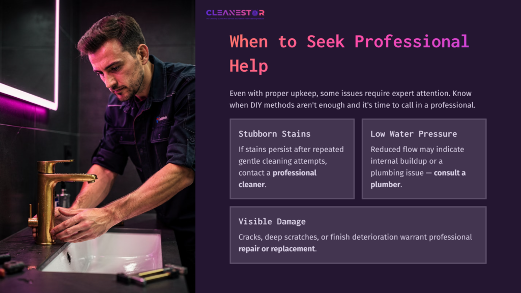 A Man Cleaning A Brushed Gold Faucet, Focused On Removing Stains, With Highlighted Text Boxes Offering Advice On Professional Help.