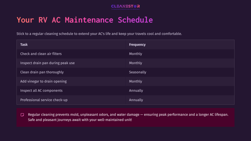 A Maintenance Schedule For Rv Air Conditioning, Listing Tasks, Frequencies, And Tips On Preventing Mold And Water Damage.