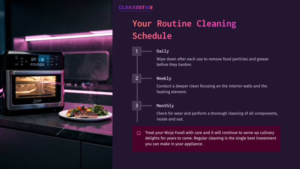10 Your Routine Cleaning Schedule Ninja Foodi Air Fryer Oven On A Kitchen Countertop With A Plate Of Food, Accompanied By A Cleaning Schedule In Bold Text.
