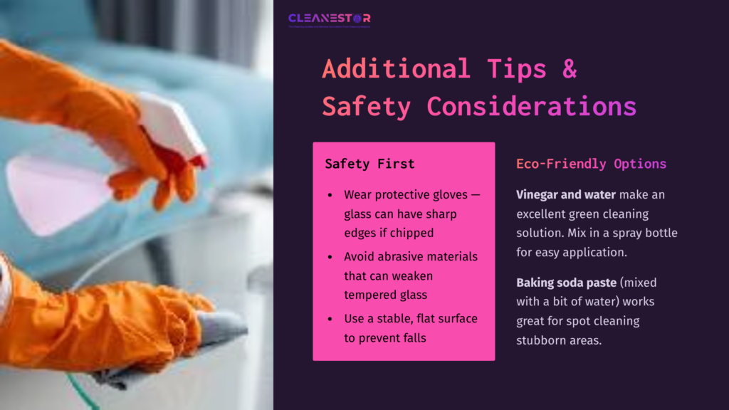 Person Wearing Orange Gloves Sprays A Cleaning Solution Onto Tempered Glass, With Safety Tips And Eco-Friendly Options Highlighted.