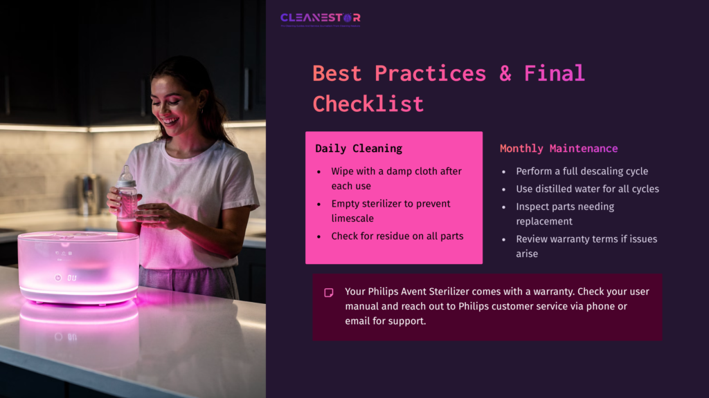 A Woman Cleans A Philips Avent Sterilizer On A Kitchen Counter, With The Sterilizer Illuminated In Pink Light, Alongside A Checklist.