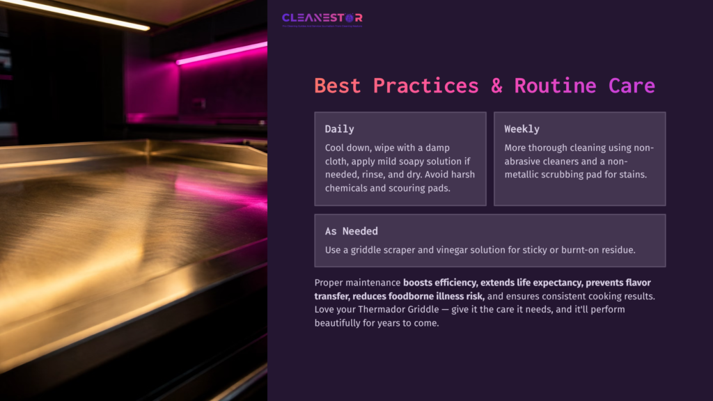 Griddle Surface With A Glossy Finish, Purple Ambient Lighting, And Text Detailing Cleaning Tips And Maintenance Practices.