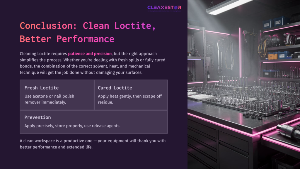 A Workshop Counter With Tools And Equipment, Featuring Bright Purple Accents. Text Discusses Cleaning Loctite For Better Performance.