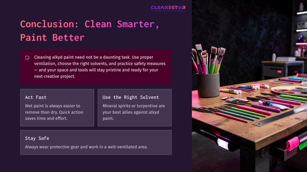 11 Conclusion Clean Smarter Paint Better Workspace Featuring A Wooden Table With Paintbrushes, Solvents, And Cleaning Tools, Set Against A Dark Backdrop, Emphasizing A Creative Atmosphere.