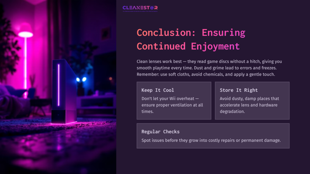 Wii Console Displayed In A Dimly Lit Room With Purple Lighting, Accompanied By Tips On Lens Cleaning And Maintenance.