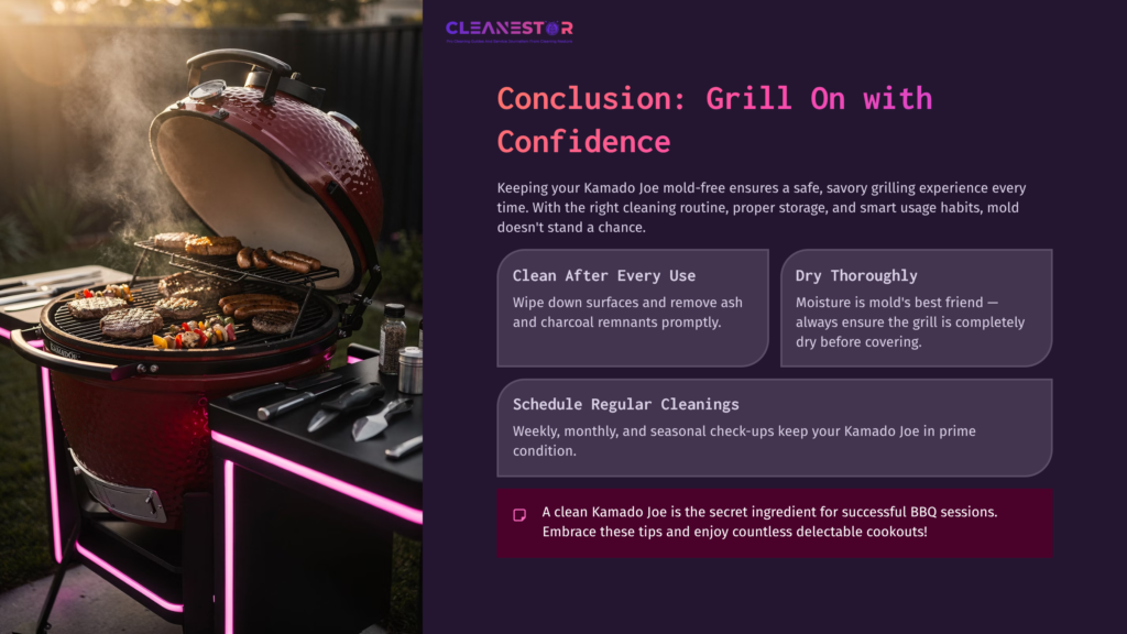 Kamado Joe Grill With Charcoal, Surrounded By Cleaning Supplies; Text Highlights Cleaning Tips And Confidence In Bbq Success.