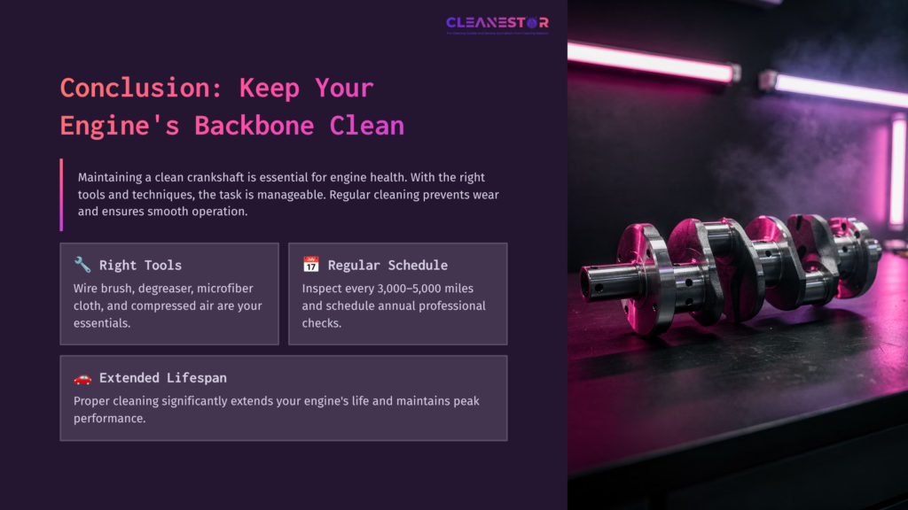 Crankshaft Displayed On A Workbench With Purple Lighting; Text Highlights Cleaning Tools, Schedule, And Benefits For Engine Health.