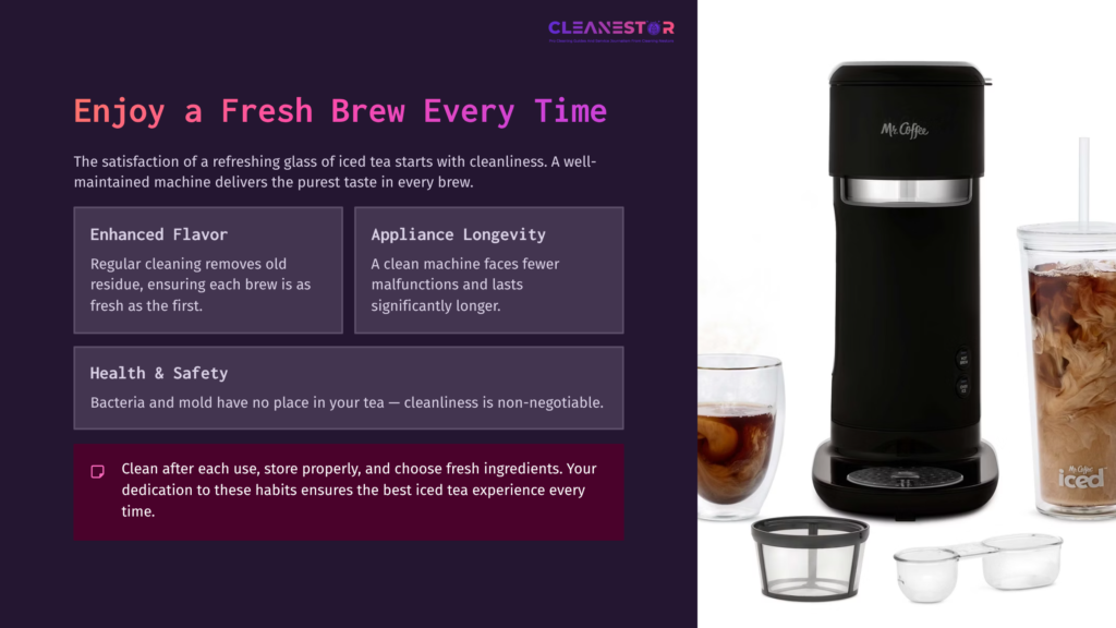 Black Iced Tea Maker On A Purple Background, Accompanied By A Glass Of Iced Tea. Text Emphasizes Freshness, Cleanliness, And Safety.