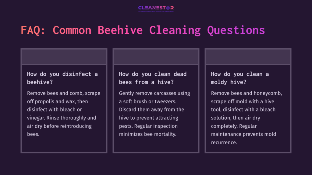 Three Rectangular Panels On A Dark Background, Featuring Questions And Answers About Cleaning Beehives, With White Text And Vibrant Headings.