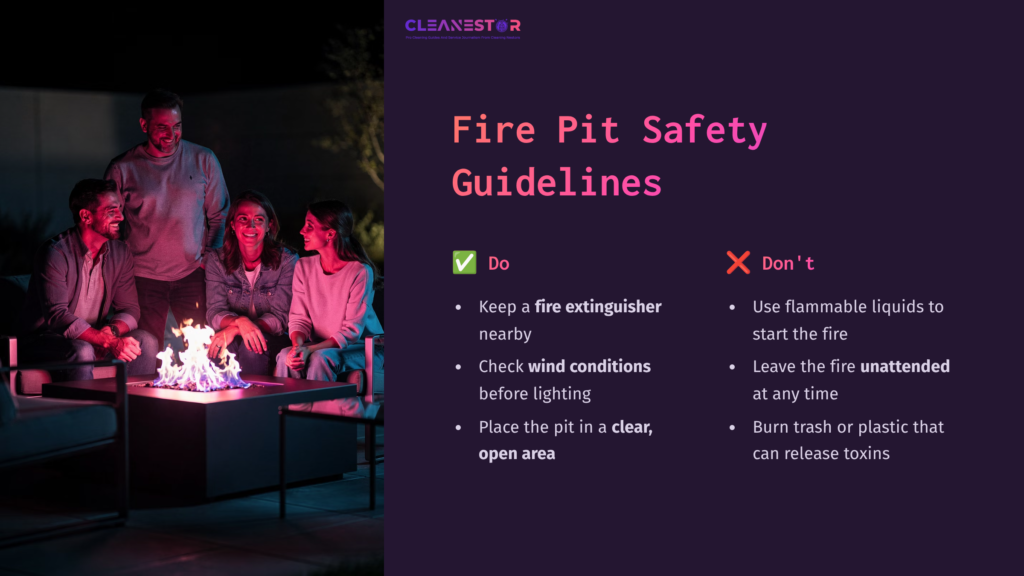 11 Fire Pit Safety Guidelines A Cozy Fire Pit Surrounded By People Enjoying The Warmth, With Safety Guidelines In Pink And Purple Text Beside Them.