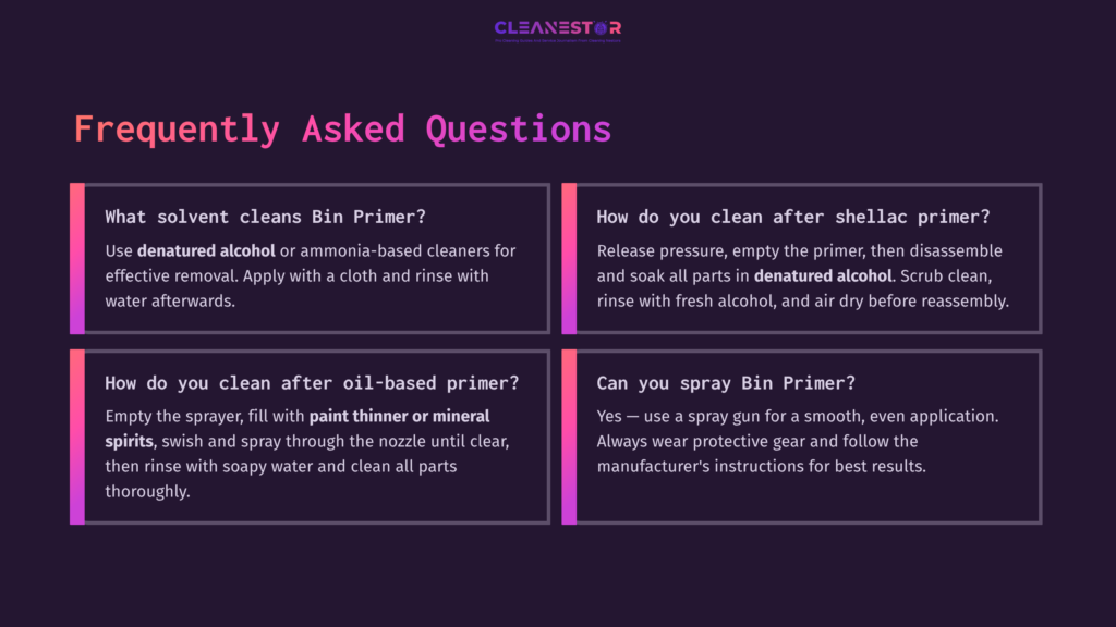 Purple Background With White Text Containing Faqs About Cleaning Bin Primer, With Highlighted Sections For Each Question.
