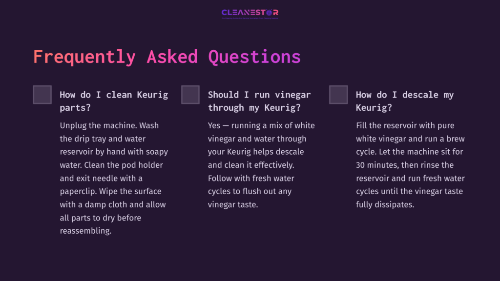 A Faq Section On Cleaning A Keurig, Featuring Questions In White Text On A Dark Purple Background, With A Clean, Organized Layout.