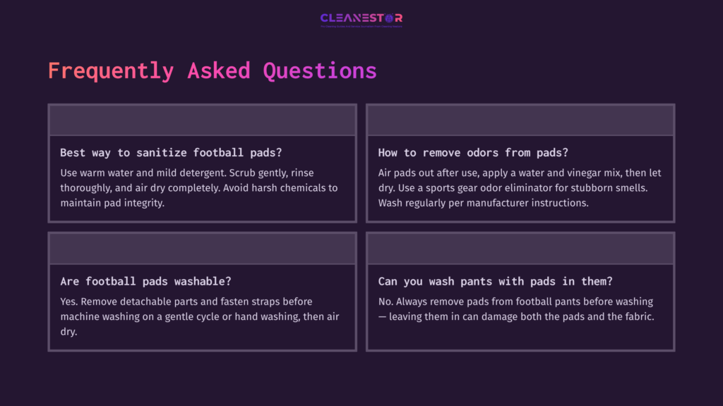 Four Text Boxes On A Dark Purple Background Featuring Faqs About Cleaning Football Pads, With Clear Black Headings And White Text.