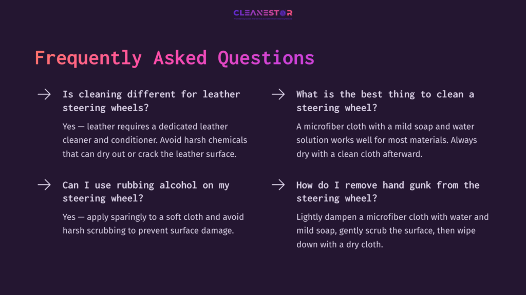Faq Section On Cleaning Steering Wheels, Featuring Purple Background, White Text, And Illustrated Questions With Answers About Care Tips.