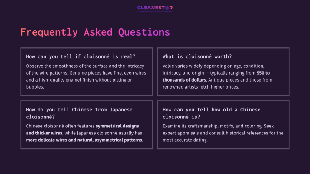 Four Boxes With Text On A Purple Background, Detailing Faqs About Cloisonné, Including Authenticity, Value, And Characteristics.