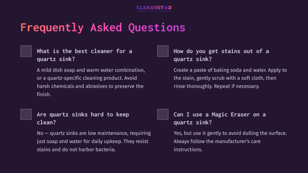 Text-Based Faqs About Cleaning Quartz Sinks, With A Dark Background And Vibrant Purple Highlights Emphasizing Key Questions And Answers.