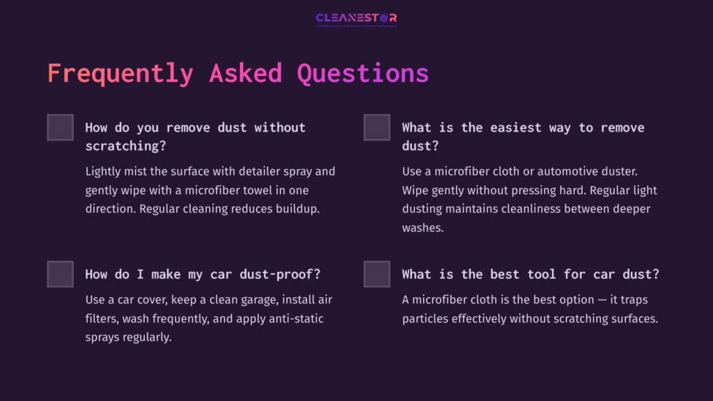 11 Frequently Asked Questions 7 Two Columns Of Faqs About Cleaning Dust From Cars, With A Dark Purple Background And White Text. Questions Are Neatly Organized With Checkboxes.