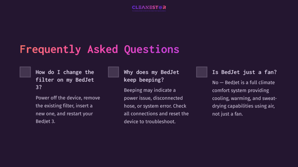 Purple Background With White And Pink Text Outlining Faqs About The Bedjet, Focusing On Filter Maintenance, Troubleshooting, And Usage.