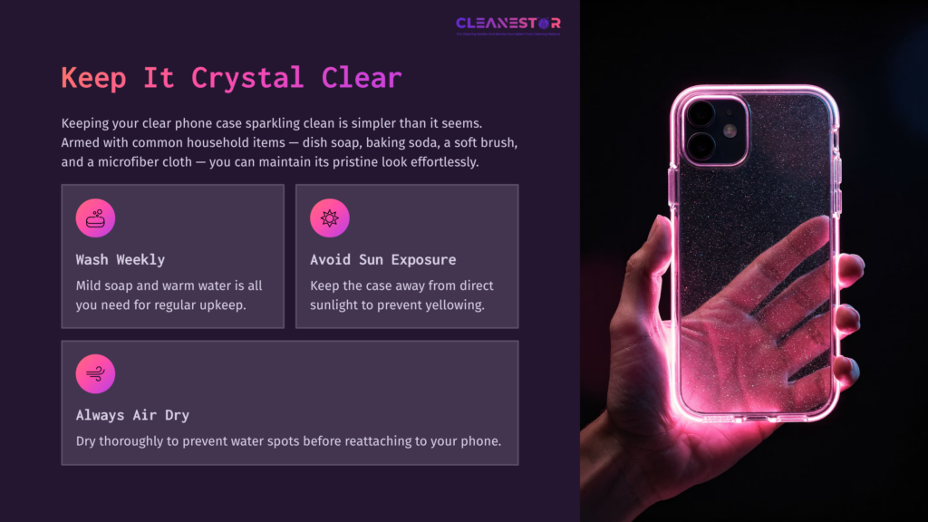 Hand Holding A Transparent Phone Case With Pink Edges, Against A Dark Purple Background Featuring Cleaning Tips And Icons.