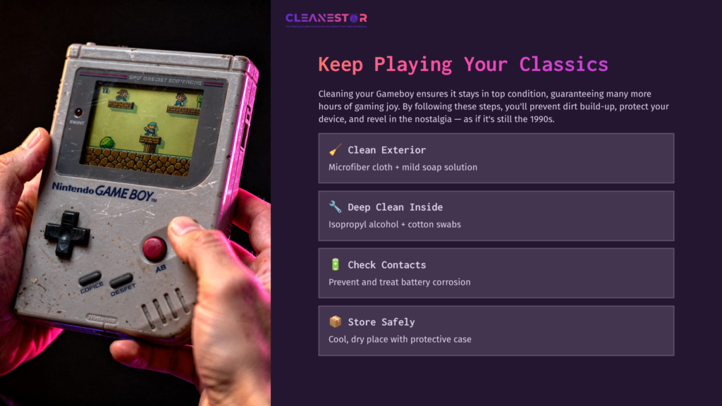 A Hand Holds A Vintage Nintendo Game Boy, With A Cleaning Guide Featuring Bold Text And Colorful Sections On A Dark Background.