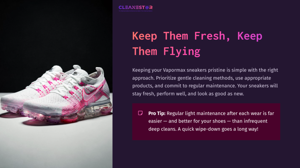 White And Pink Nike Vapormax Sneakers Displayed At An Angle, Accompanied By Cleaning Tips In Purple And Pink Text On A Dark Background.