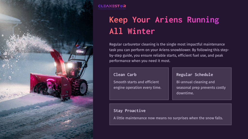 11 Keep Your Ariens Running All Winter A Snowy Landscape Features A Pink Ariens Snowblower, Highlighted Against A Dark, Wintry Backdrop, With Maintenance Tips And Schedule Alongside.
