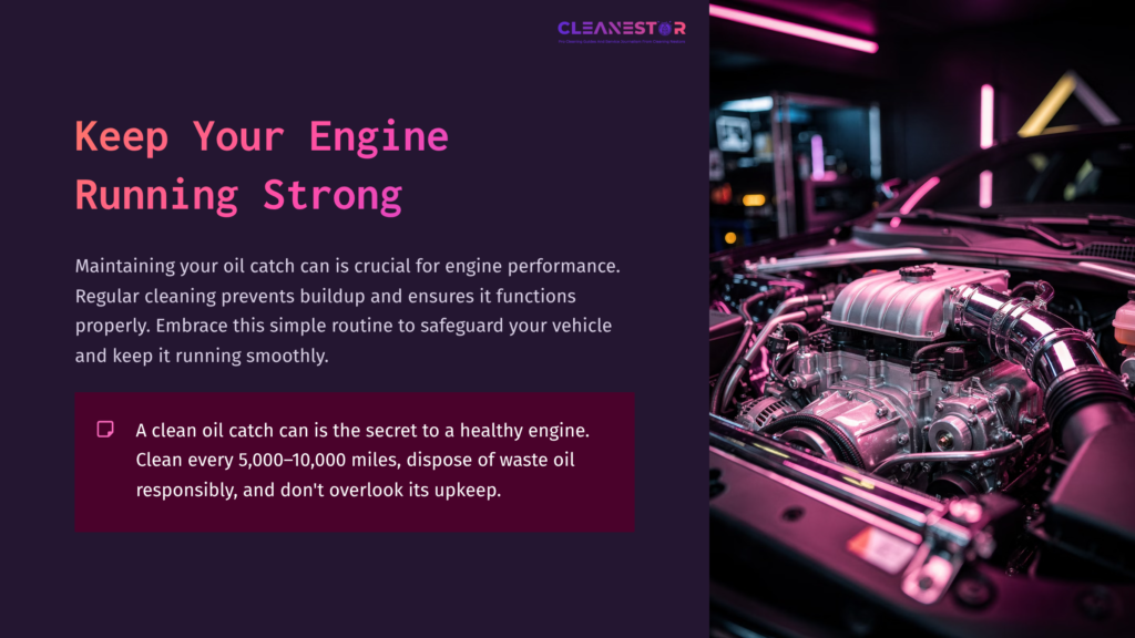 A Well-Lit Engine Bay Featuring A Clean Oil Catch Can, With A Pink And Purple Background Highlighting Maintenance Tips For Engine Health.