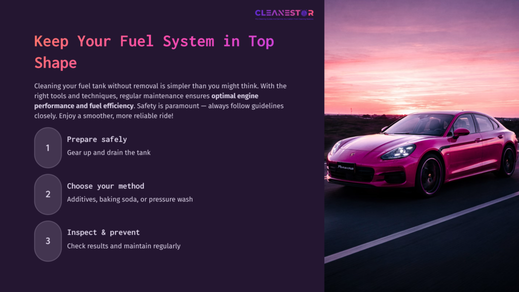 A Vibrant Pink Car Parked Near A Sunset, With An Instructional List On Cleaning A Fuel Tank Without Removal On The Left Side.
