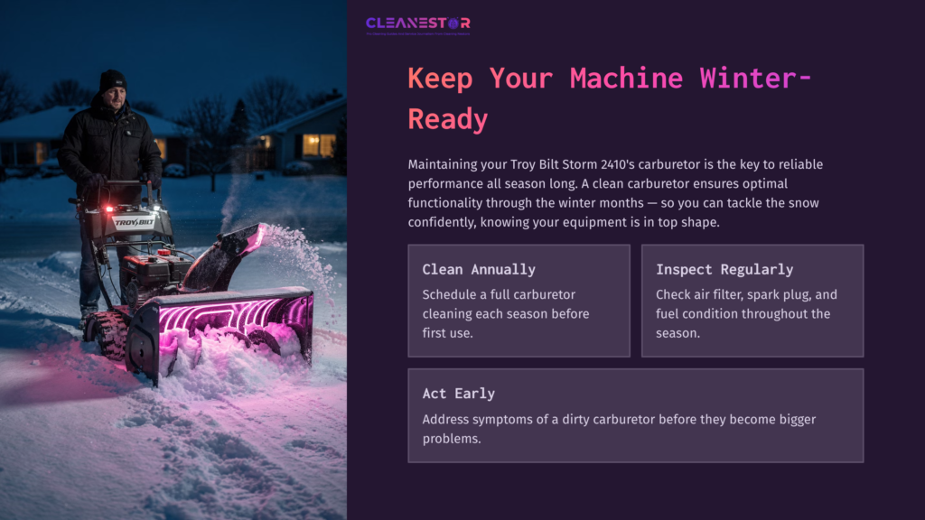 11 Keep Your Machine Winter Ready Man Using A Troy Bilt Storm 2410 Snowblower At Night, Clearing Snow With A Pink And Purple Sky. Text Highlights Winter Maintenance Tips.